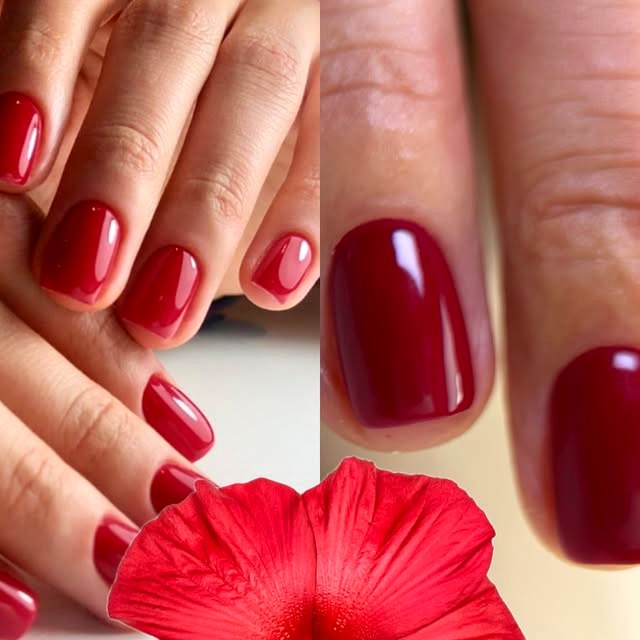 Classic red manicure shown two ways — on the hand and close up